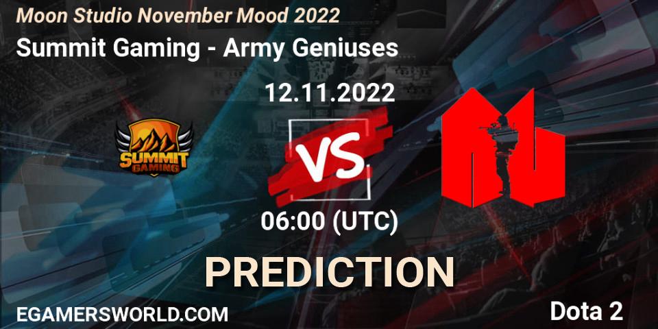 Pronósticos Summit Gaming - Army Geniuses. 12.11.2022 at 06:05. Moon Studio November Mood 2022 - Dota 2