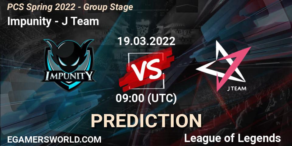 Pronósticos Impunity - J Team. 19.03.2022 at 09:00. PCS Spring 2022 - Group Stage - LoL