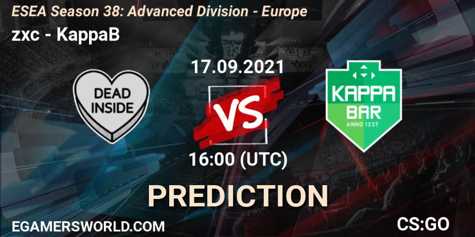 Pronósticos zxc - KappaB. 17.09.2021 at 16:00. ESEA Season 38: Advanced Division - Europe - Counter-Strike (CS2)