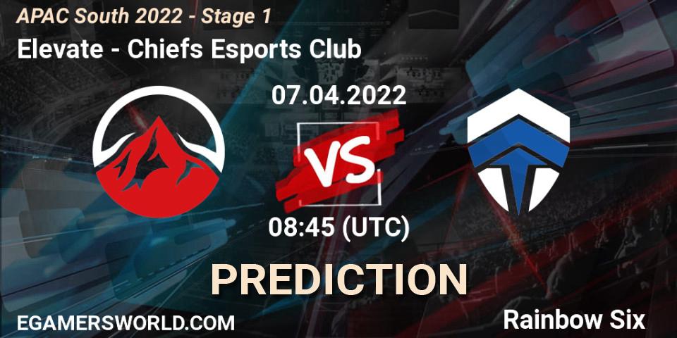 Pronósticos Elevate - Chiefs Esports Club. 07.04.2022 at 08:45. APAC South 2022 - Stage 1 - Rainbow Six
