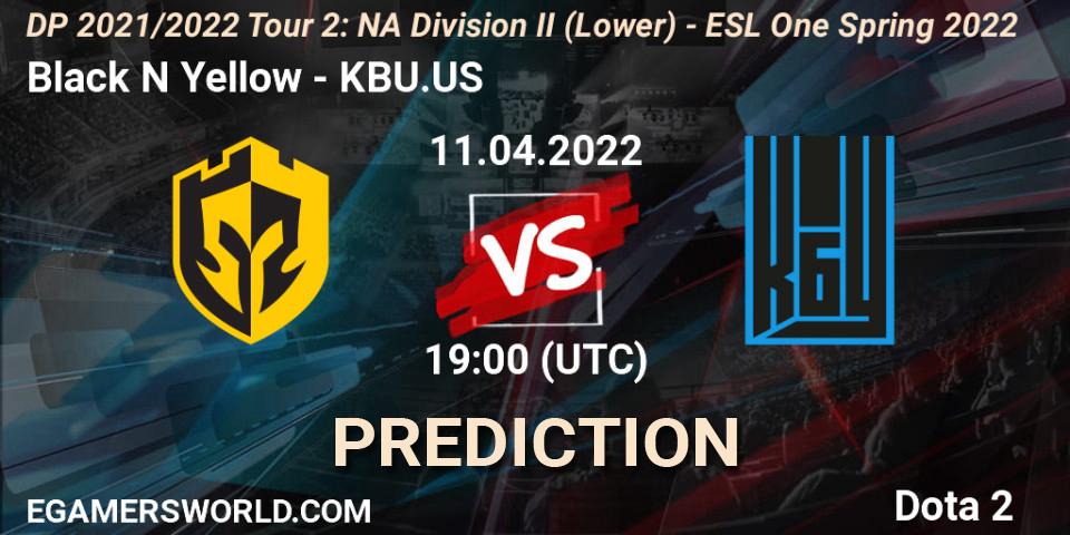 Pronósticos Black N Yellow - KBU.US. 11.04.2022 at 19:44. DP 2021/2022 Tour 2: NA Division II (Lower) - ESL One Spring 2022 - Dota 2