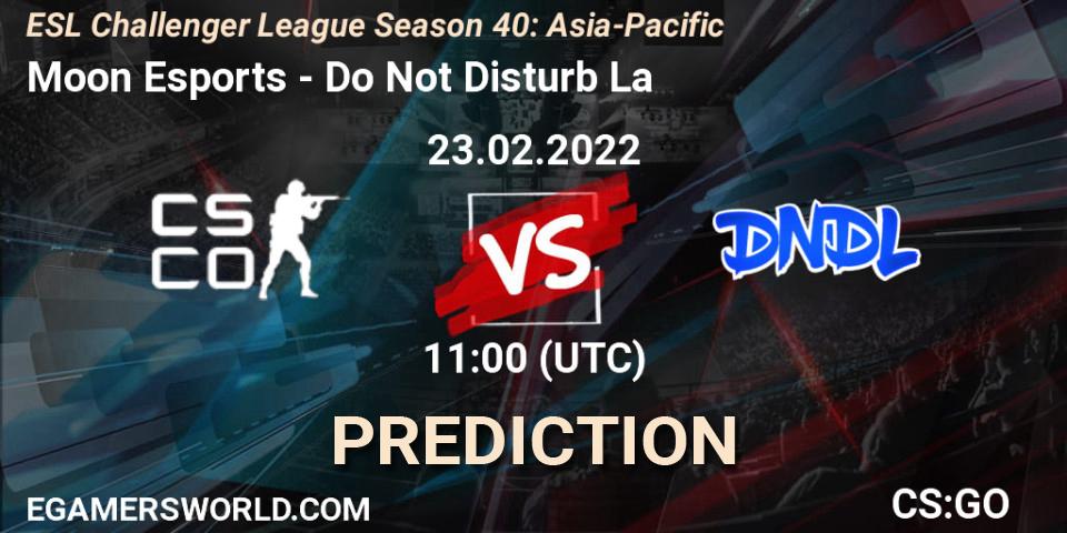 Pronósticos Moon Esports - Do Not Disturb La. 23.02.2022 at 12:00. ESL Challenger League Season 40: Asia-Pacific - Counter-Strike (CS2)