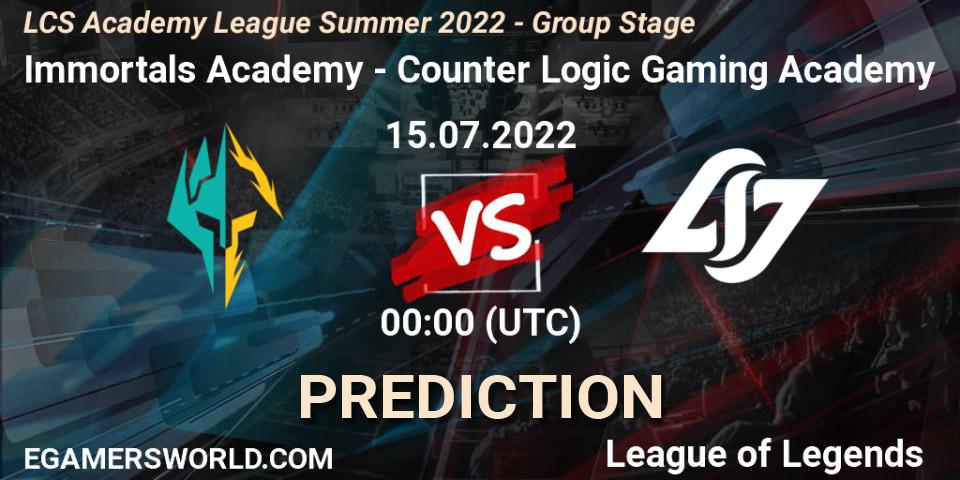 Pronósticos Immortals Academy - Counter Logic Gaming Academy. 15.07.2022 at 00:00. LCS Academy League Summer 2022 - Group Stage - LoL