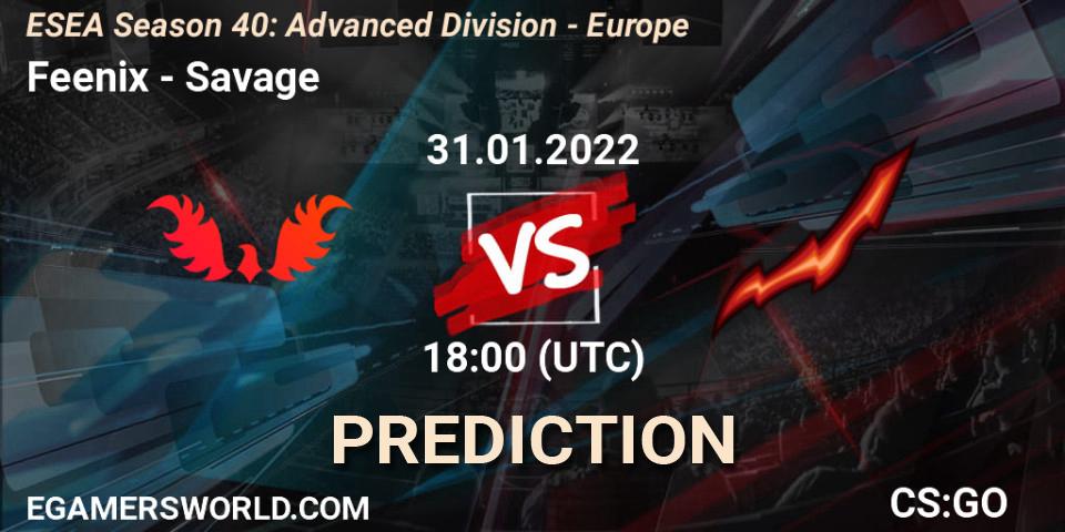 Pronósticos Feenix - Savage. 31.01.2022 at 18:00. ESEA Season 40: Advanced Division - Europe - Counter-Strike (CS2)