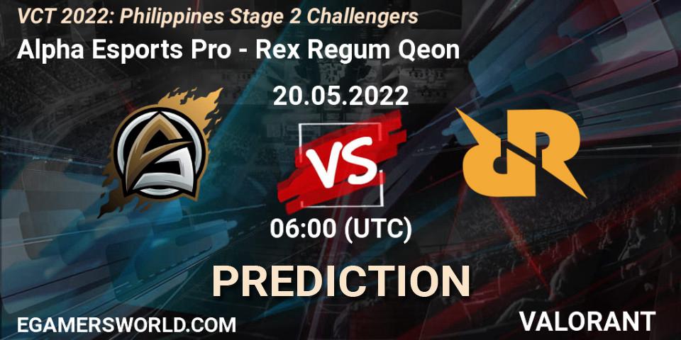 Pronósticos Alpha Esports Pro - Rex Regum Qeon. 20.05.2022 at 06:00. VCT 2022: Philippines Stage 2 Challengers - VALORANT