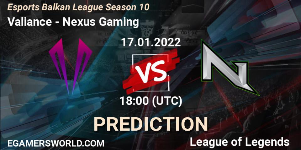 Pronósticos Valiance - Nexus Gaming. 17.01.2022 at 18:00. Esports Balkan League Season 10 - LoL
