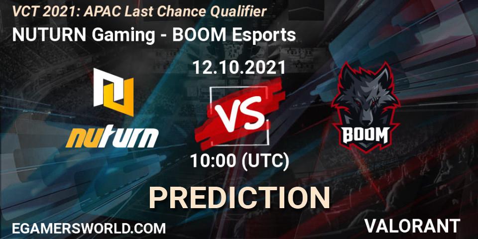 Pronósticos NUTURN Gaming - BOOM Esports. 12.10.2021 at 11:00. VCT 2021: APAC Last Chance Qualifier - VALORANT