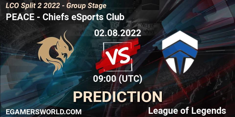 Pronósticos PEACE - Chiefs eSports Club. 02.08.2022 at 09:00. LCO Split 2 2022 - Group Stage - LoL