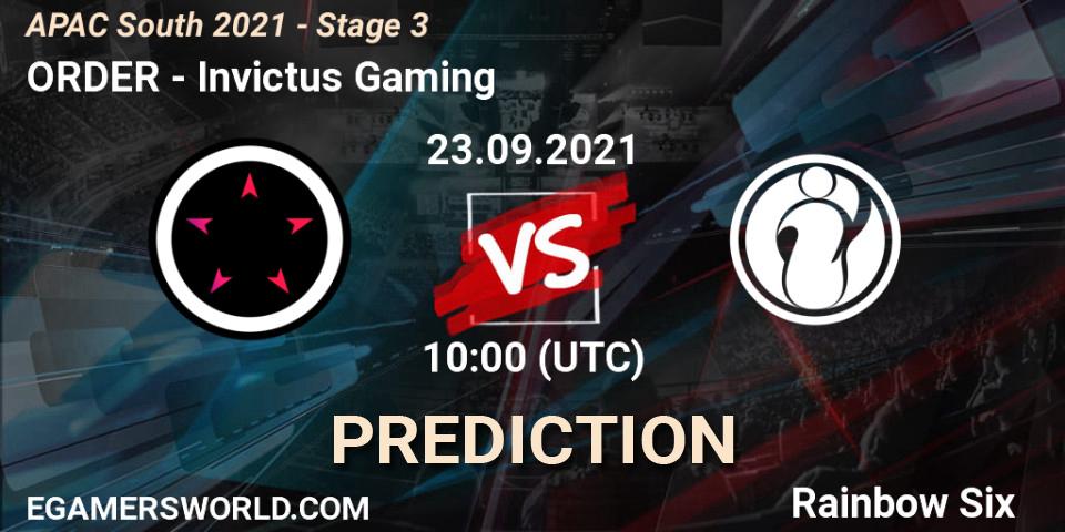 Pronósticos ORDER - Invictus Gaming. 23.09.2021 at 10:30. APAC South 2021 - Stage 3 - Rainbow Six