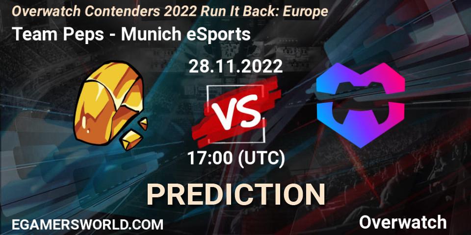 Pronósticos Team Peps - Munich eSports. 29.11.2022 at 20:00. Overwatch Contenders 2022 Run It Back: Europe - Overwatch