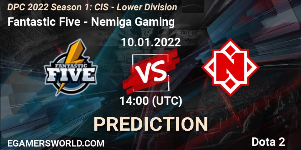 Pronósticos Fantastic Five - Nemiga Gaming. 10.01.2022 at 14:00. DPC 2022 Season 1: CIS - Lower Division - Dota 2