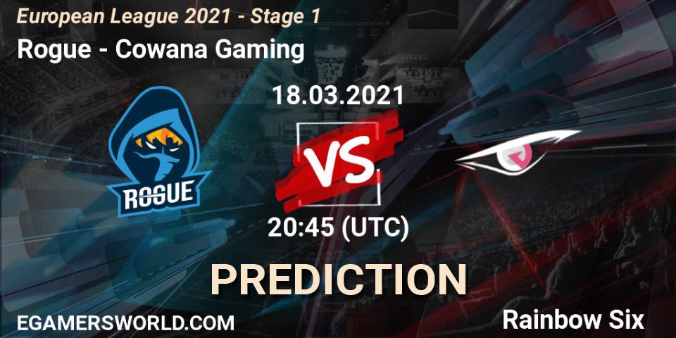 Pronósticos Rogue - Cowana Gaming. 18.03.2021 at 20:45. European League 2021 - Stage 1 - Rainbow Six