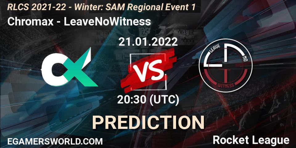 Pronósticos Chromax - LeaveNoWitness. 21.01.2022 at 20:30. RLCS 2021-22 - Winter: SAM Regional Event 1 - Rocket League