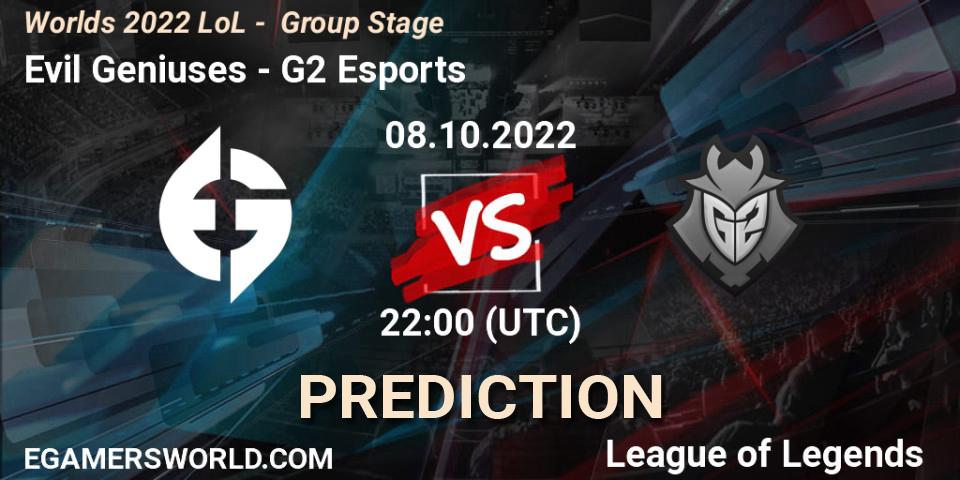 Pronósticos Evil Geniuses - G2 Esports. 08.10.2022 at 22:00. Worlds 2022 LoL - Group Stage - LoL