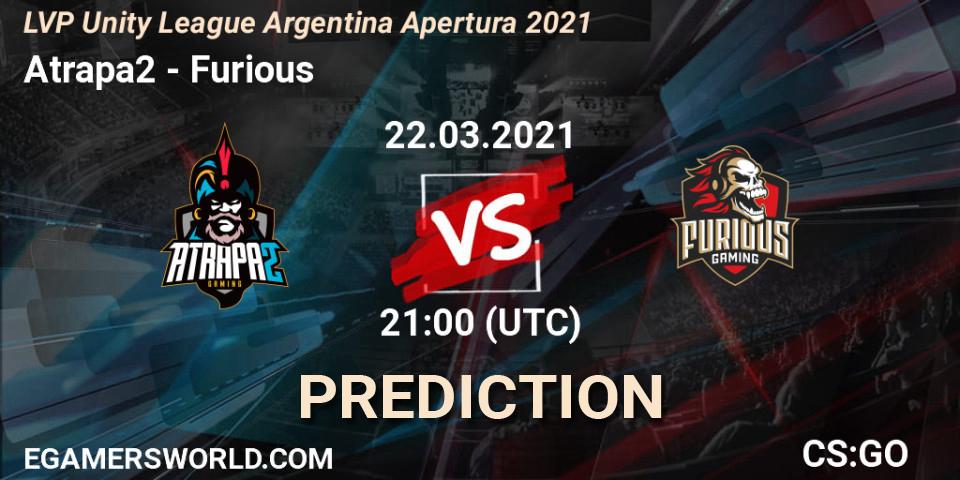 Pronósticos Atrapa2 - Furious. 22.03.2021 at 21:00. LVP Unity League Argentina Apertura 2021 - Counter-Strike (CS2)