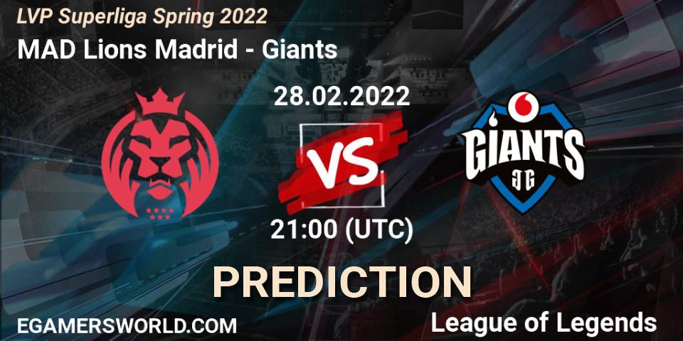 Pronósticos MAD Lions Madrid - Giants. 28.02.2022 at 18:00. LVP Superliga Spring 2022 - LoL