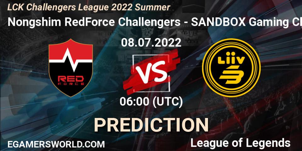 Pronósticos Nongshim RedForce Challengers - SANDBOX Gaming Challengers. 08.07.2022 at 06:00. LCK Challengers League 2022 Summer - LoL