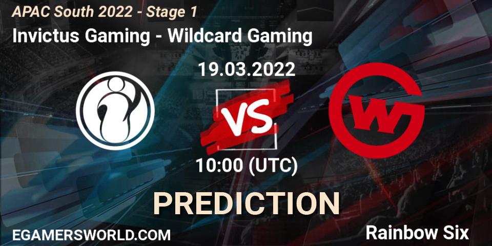 Pronósticos Invictus Gaming - Wildcard Gaming. 19.03.2022 at 09:40. APAC South 2022 - Stage 1 - Rainbow Six