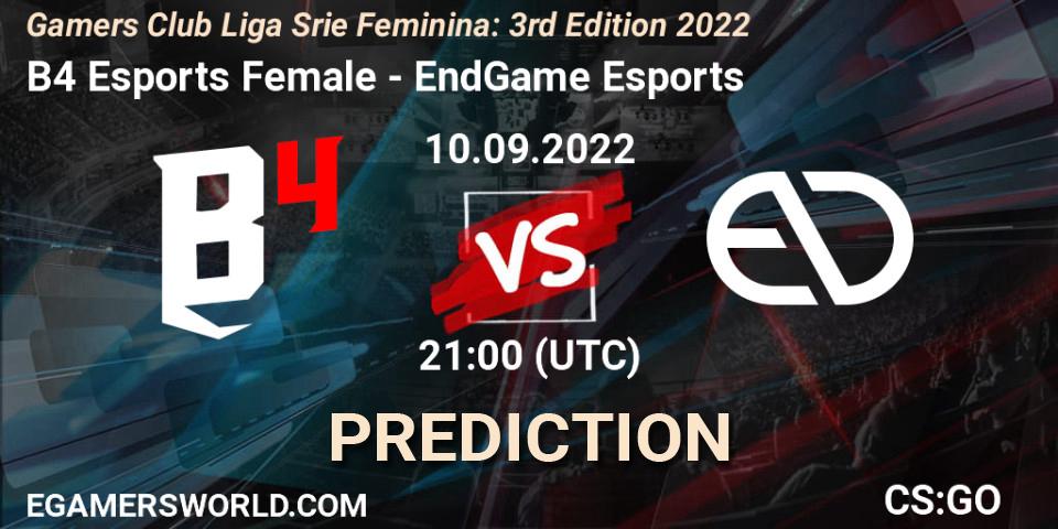 Pronósticos B4 Esports Female - EndGame Esports. 10.09.2022 at 21:00. Gamers Club Liga Série Feminina: 3rd Edition 2022 - Counter-Strike (CS2)