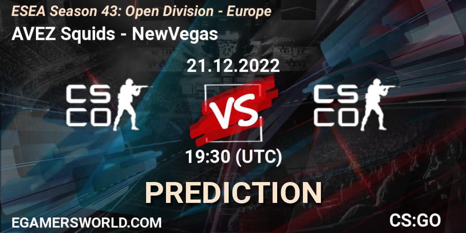 Pronósticos AVEZ Squids - NewVegas. 21.12.2022 at 18:00. ESEA Season 43: Open Division - Europe - Counter-Strike (CS2)