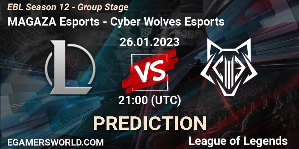 Pronósticos MAGAZA Esports - Cyber Wolves Esports. 26.01.2023 at 21:00. EBL Season 12 - Group Stage - LoL