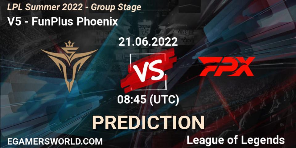 Pronósticos Victory Five - FunPlus Phoenix. 21.06.2022 at 09:00. LPL Summer 2022 - Group Stage - LoL