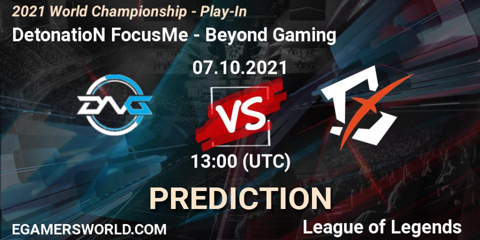 Pronósticos DetonatioN FocusMe - Beyond Gaming. 07.10.2021 at 13:00. 2021 World Championship - Play-In - LoL