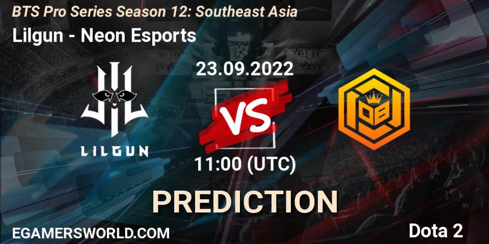 Pronósticos Lilgun - Neon Esports. 23.09.2022 at 10:57. BTS Pro Series Season 12: Southeast Asia - Dota 2