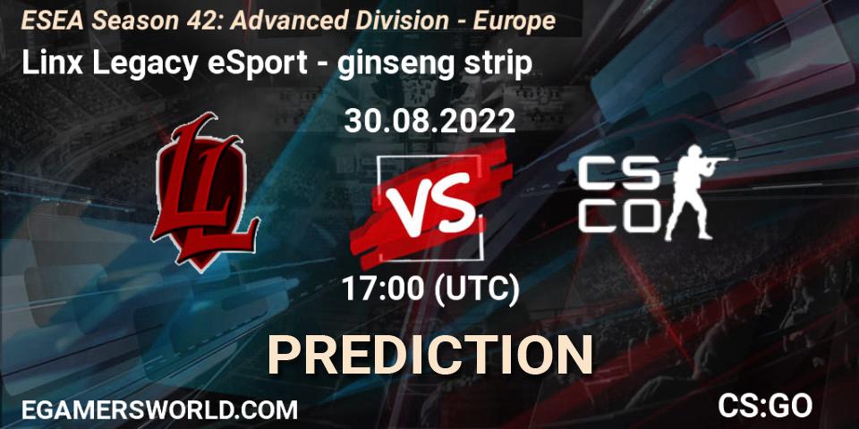Pronósticos Linx Legacy eSport - ginseng strip. 30.08.2022 at 17:00. ESEA Season 42: Advanced Division - Europe - Counter-Strike (CS2)
