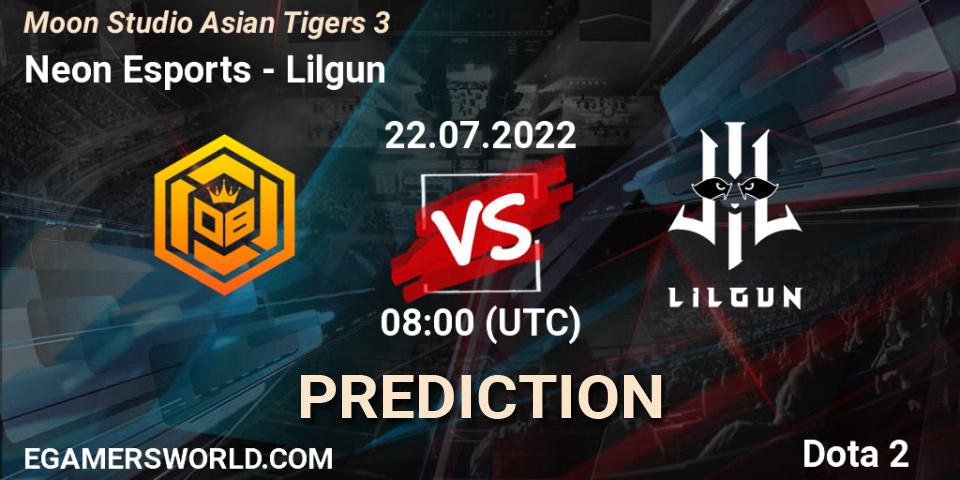 Pronósticos Neon Esports - Lilgun. 22.07.2022 at 08:30. Moon Studio Asian Tigers 3 - Dota 2