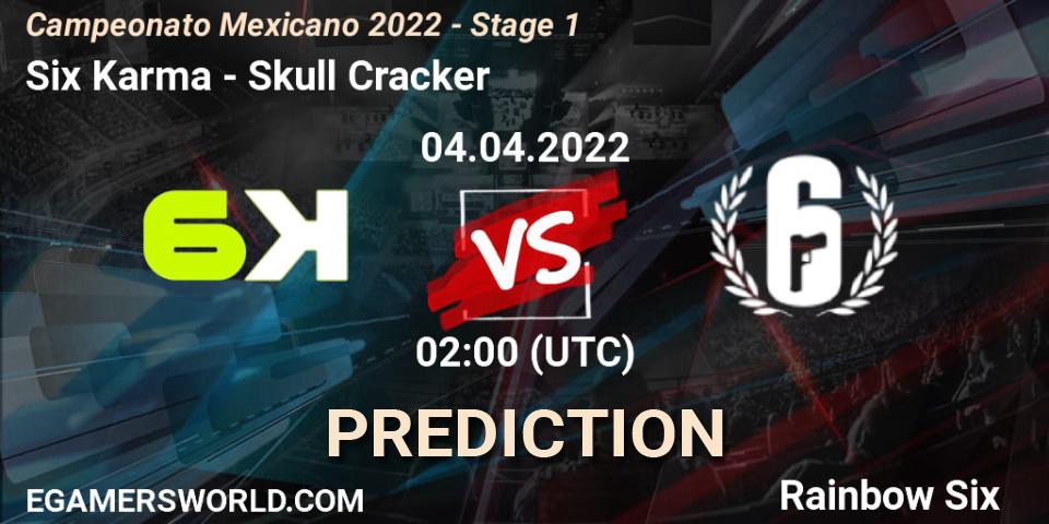 Pronósticos Six Karma - Skull Cracker. 04.04.2022 at 02:00. Campeonato Mexicano 2022 - Stage 1 - Rainbow Six