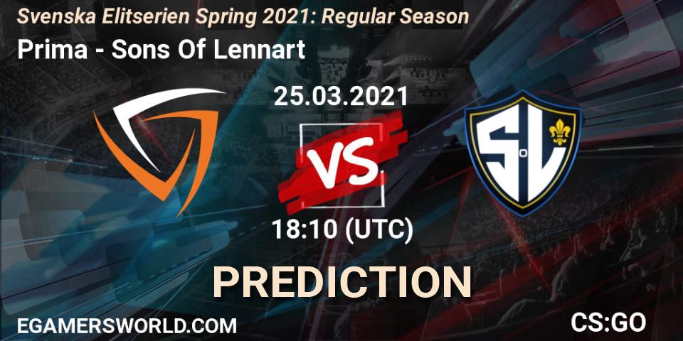 Pronósticos Prima - Sons Of Lennart. 25.03.2021 at 18:10. Svenska Elitserien Spring 2021: Regular Season - Counter-Strike (CS2)