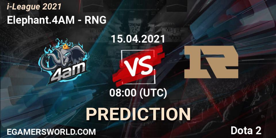 Pronósticos Elephant.4AM - RNG. 14.04.2021 at 08:05. i-League 2021 Season 1 - Dota 2