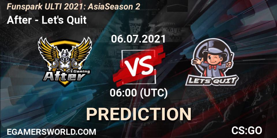 Pronósticos After - Let's Quit. 06.07.2021 at 06:00. Funspark ULTI 2021: Asia Season 2 - Counter-Strike (CS2)