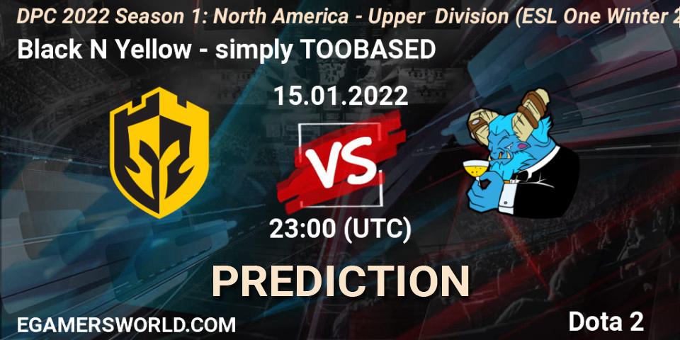Pronósticos Black N Yellow - simply TOOBASED. 15.01.2022 at 22:55. DPC 2022 Season 1: North America - Upper Division (ESL One Winter 2021) - Dota 2