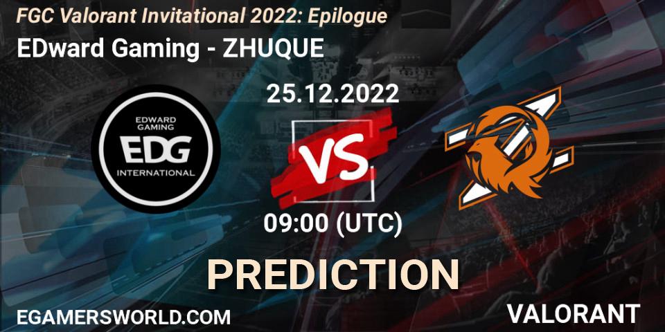 Pronósticos EDward Gaming - ZHUQUE. 25.12.2022 at 09:00. FGC Valorant Invitational 2022: Epilogue - VALORANT