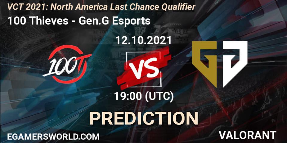 Pronósticos 100 Thieves - Gen.G Esports. 12.10.2021 at 19:00. VCT 2021: North America Last Chance Qualifier - VALORANT