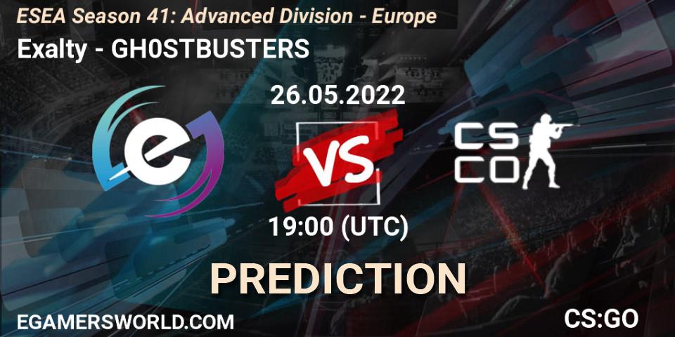 Pronósticos Exalty - GH0STBUSTERS. 26.05.2022 at 19:00. ESEA Season 41: Advanced Division - Europe - Counter-Strike (CS2)