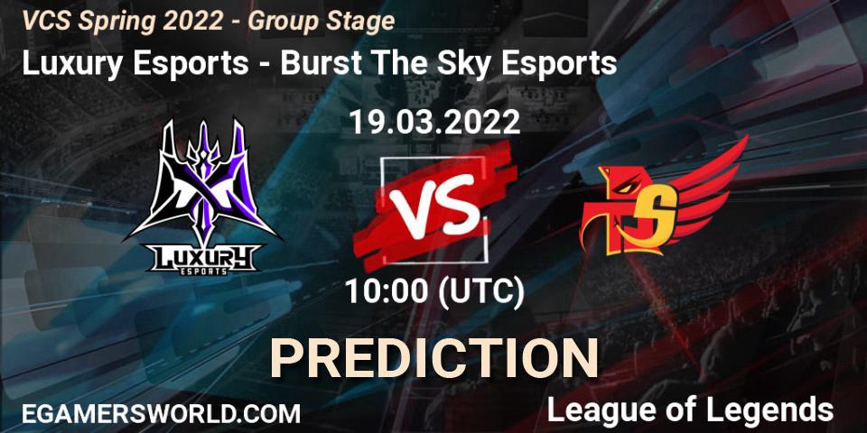 Pronósticos Luxury Esports - Burst The Sky Esports. 19.03.2022 at 10:00. VCS Spring 2022 - Group Stage - LoL