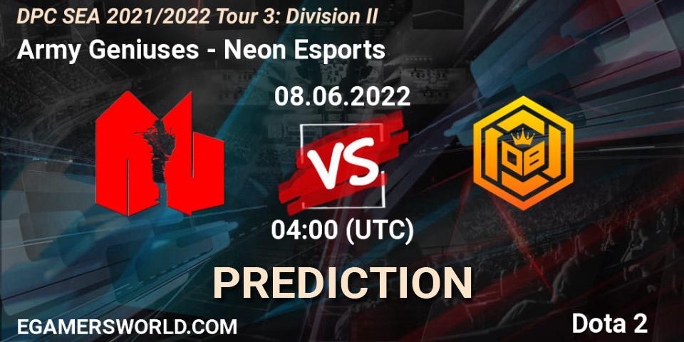 Pronósticos Army Geniuses - Neon Esports. 08.06.2022 at 04:00. DPC SEA 2021/2022 Tour 3: Division II - Dota 2
