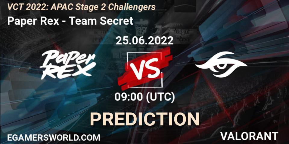 Pronósticos Paper Rex - Team Secret. 25.06.2022 at 09:45. VCT 2022: APAC Stage 2 Challengers - VALORANT