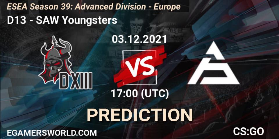 Pronósticos D13 - SAW Youngsters. 03.12.2021 at 17:00. ESEA Season 39: Advanced Division - Europe - Counter-Strike (CS2)