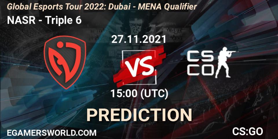Pronósticos NASR - Triple 6. 27.11.2021 at 15:00. Global Esports Tour 2022: Dubai - MENA Qualifier - Counter-Strike (CS2)