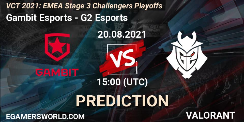 Pronósticos Gambit Esports - G2 Esports. 20.08.2021 at 15:00. VCT 2021: EMEA Stage 3 Challengers Playoffs - VALORANT