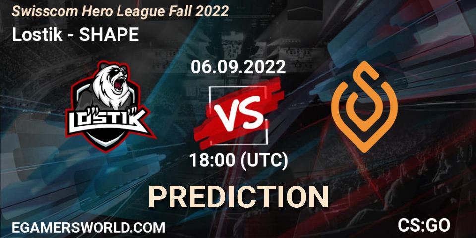 Pronósticos Lostik - SHAPE. 06.09.2022 at 18:00. Swisscom Hero League Fall 2022 - Counter-Strike (CS2)