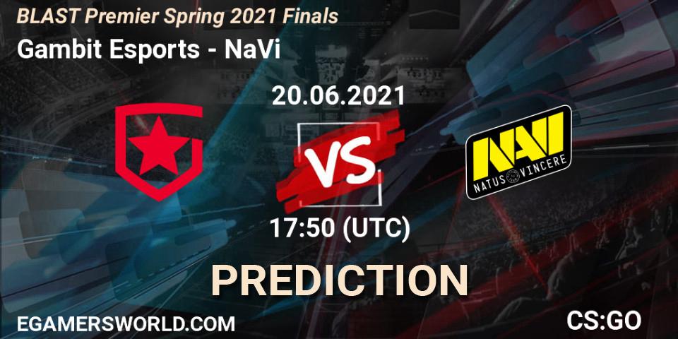 Pronósticos Gambit Esports - NaVi. 20.06.2021 at 18:15. BLAST Premier Spring 2021 Finals - Counter-Strike (CS2)