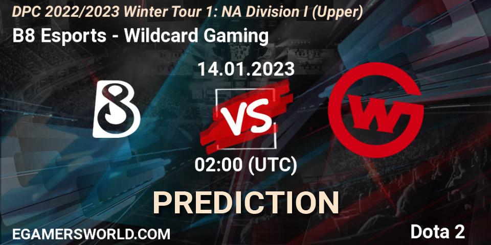Pronósticos B8 Esports - Wildcard Gaming. 14.01.2023 at 01:52. DPC 2022/2023 Winter Tour 1: NA Division I (Upper) - Dota 2