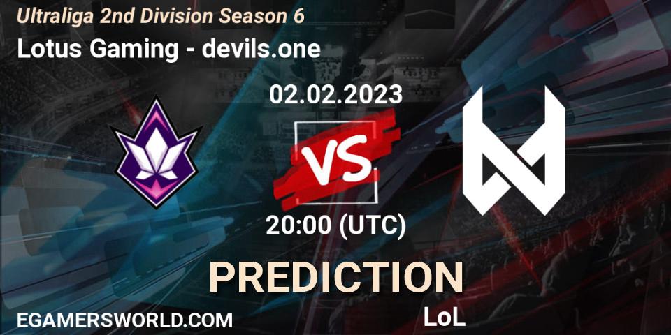 Pronósticos Lotus Gaming - devils.one. 02.02.2023 at 20:00. Ultraliga 2nd Division Season 6 - LoL