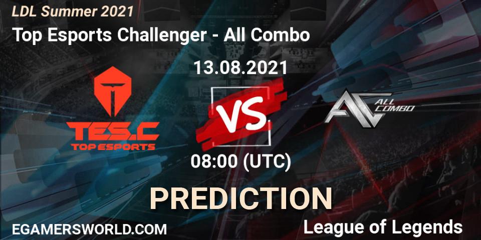 Pronósticos Top Esports Challenger - All Combo. 13.08.2021 at 08:00. LDL Summer 2021 - LoL