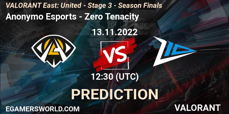 Pronósticos Anonymo Esports - Zero Tenacity. 13.11.2022 at 12:30. VALORANT East: United - Stage 3 - Season Finals - VALORANT